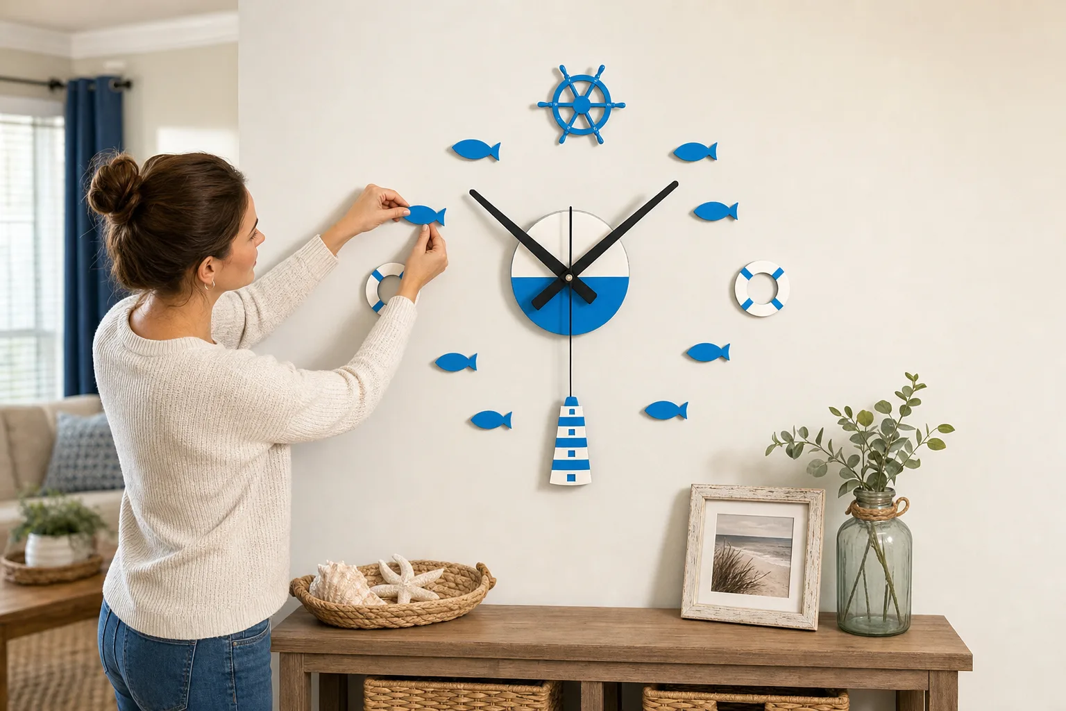 Nautical DIY Wall Clock Installed in Coastal Entryway Nautical DIY Wall Clock Installed in Coastal Entryway
