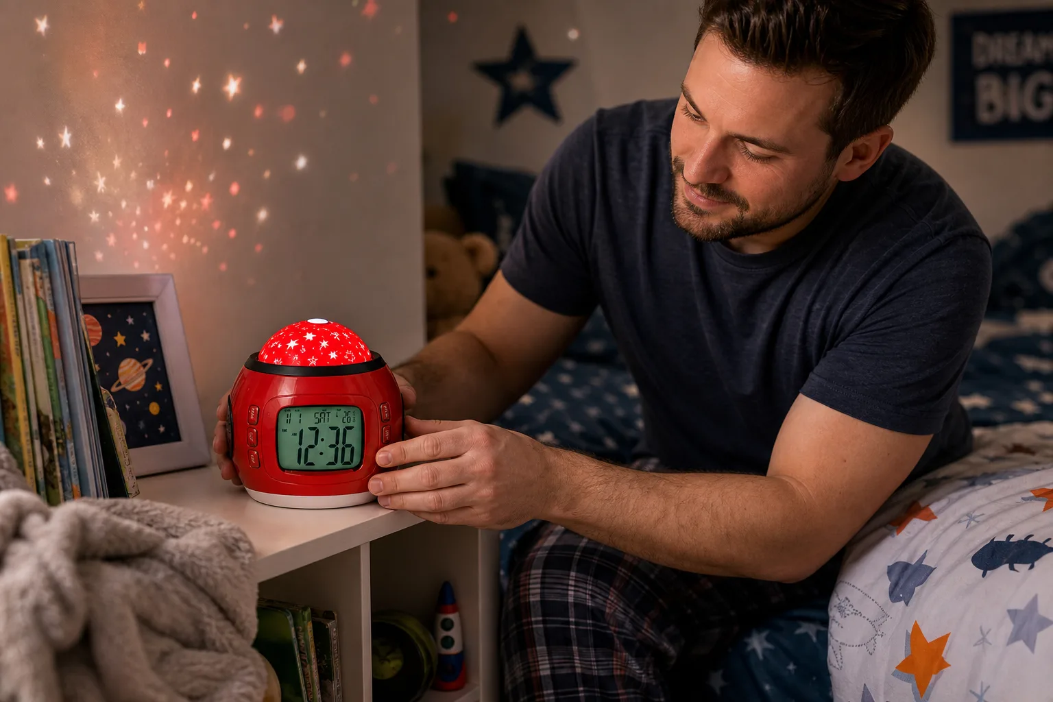 Bedside Placement of Star Projector Alarm Clock Bedside Placement of Star Projector Alarm Clock