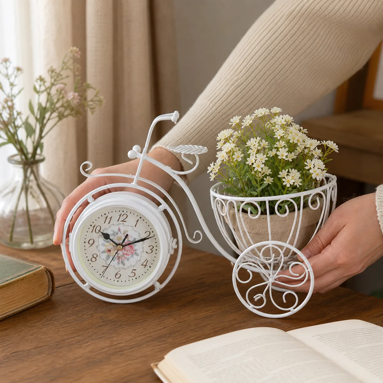 Vintage bicycle table clock in a reading nook Vintage bicycle table clock in a reading nook