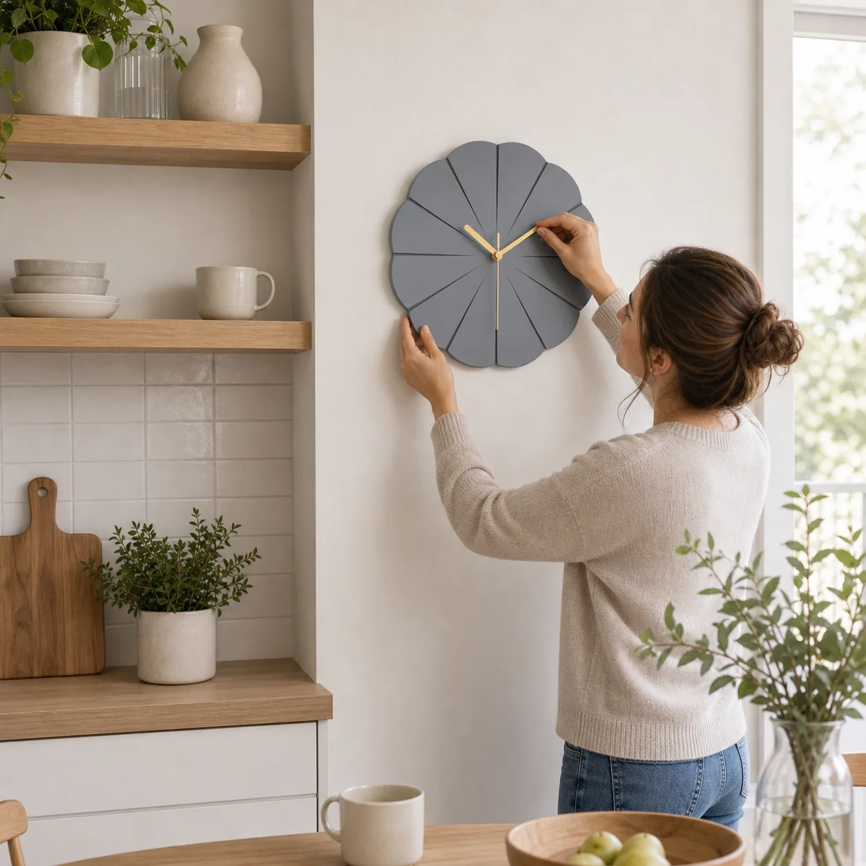 Grey Scalloped Wall Clock Kitchen Time Setting Grey Scalloped Wall Clock Kitchen Time Setting