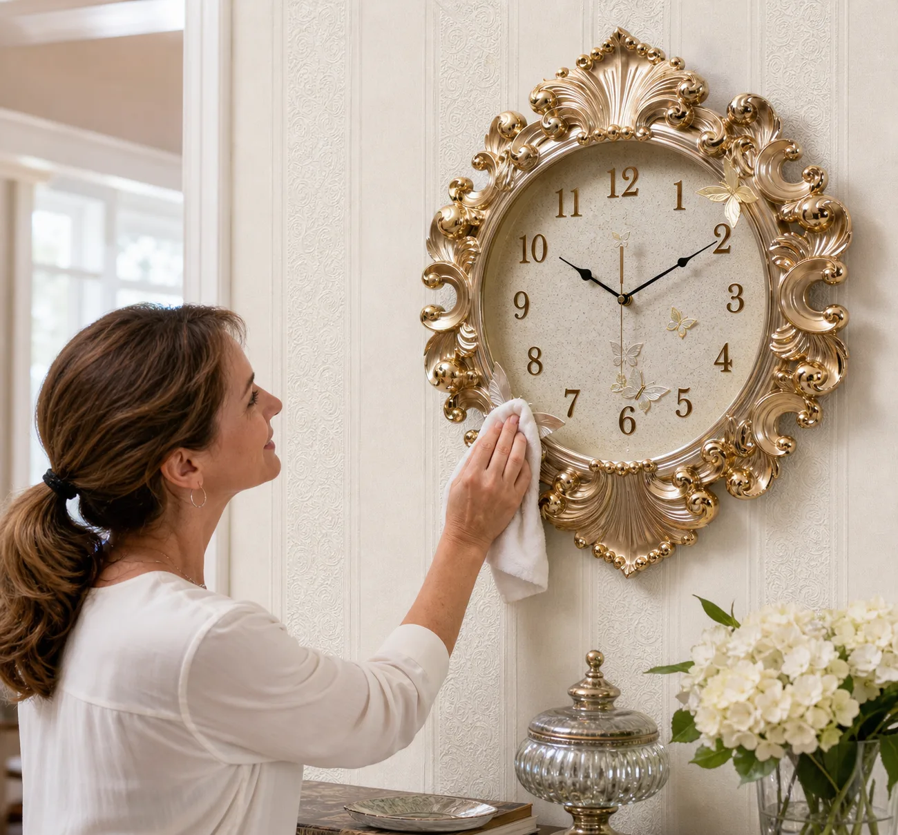 Ornate Gold Wall Clock Being Polished Ornate Gold Wall Clock Being Polished