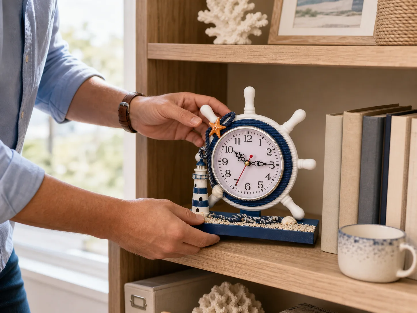 Ship Wheel Clock Adjusted on a Home Office Shelf Ship Wheel Clock Adjusted on a Home Office Shelf