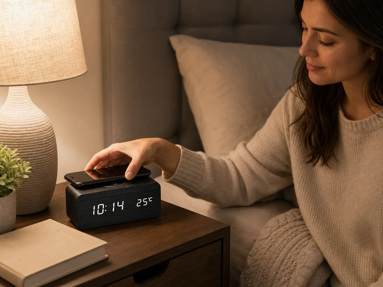 Wireless Charging LED Clock on Bedroom Nightstand Wireless Charging LED Clock on Bedroom Nightstand