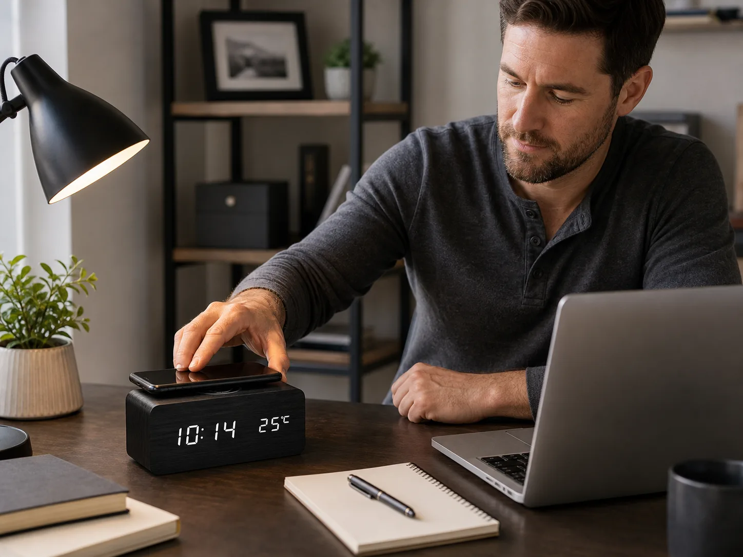 Black Wireless Charging Clock on Home Office Desk Black Wireless Charging Clock on Home Office Desk