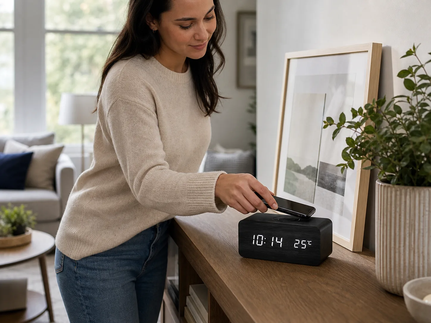 Black LED Wireless Charging Clock on Living Room Console Black LED Wireless Charging Clock on Living Room Console