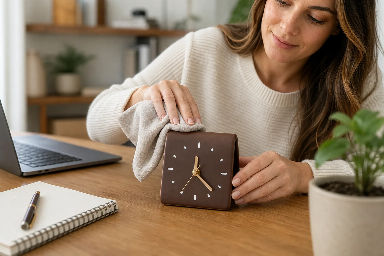 Ceramic Table Clock Being Cleaned on a Desk Ceramic Table Clock Being Cleaned on a Desk