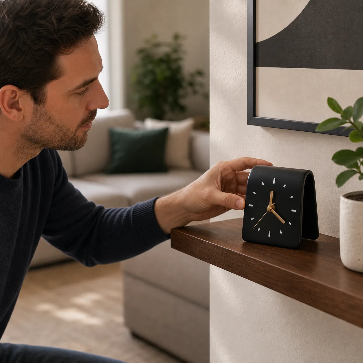 Black Ceramic Table Clock on a Floating Shelf Black Ceramic Table Clock on a Floating Shelf