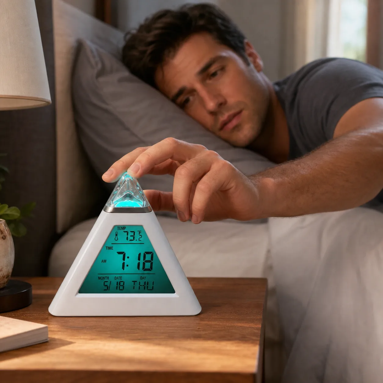 Modern Triangular Digital Alarm Clock on Bedroom Nightstand Modern Triangular Digital Alarm Clock on Bedroom Nightstand