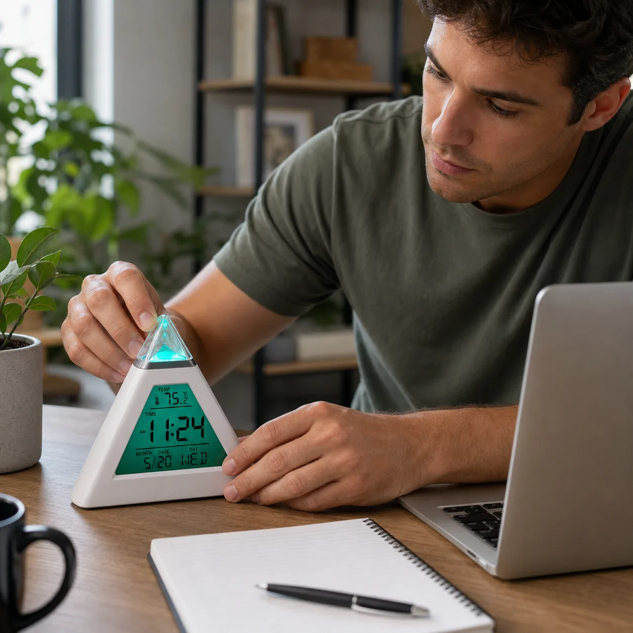 Triangular LED Alarm Clock in Home Office Setup Triangular LED Alarm Clock in Home Office Setup