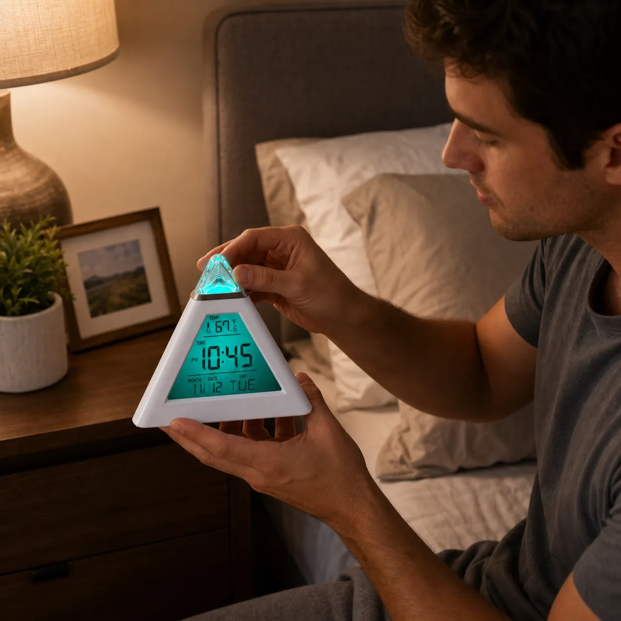 Color Changing Triangular Alarm Clock Checked at Night Color Changing Triangular Alarm Clock Checked at Night