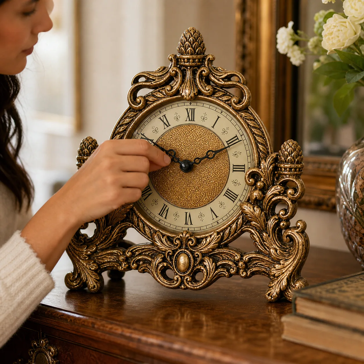 Adjusting ornate vintage table clock hands Adjusting ornate vintage table clock hands