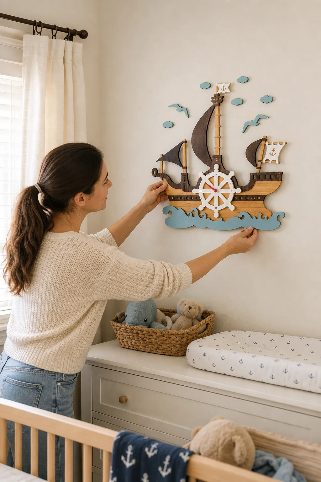 Nautical Wooden Ship Wall Clock Being Installed in Nursery Nautical Wooden Ship Wall Clock Being Installed in Nursery
