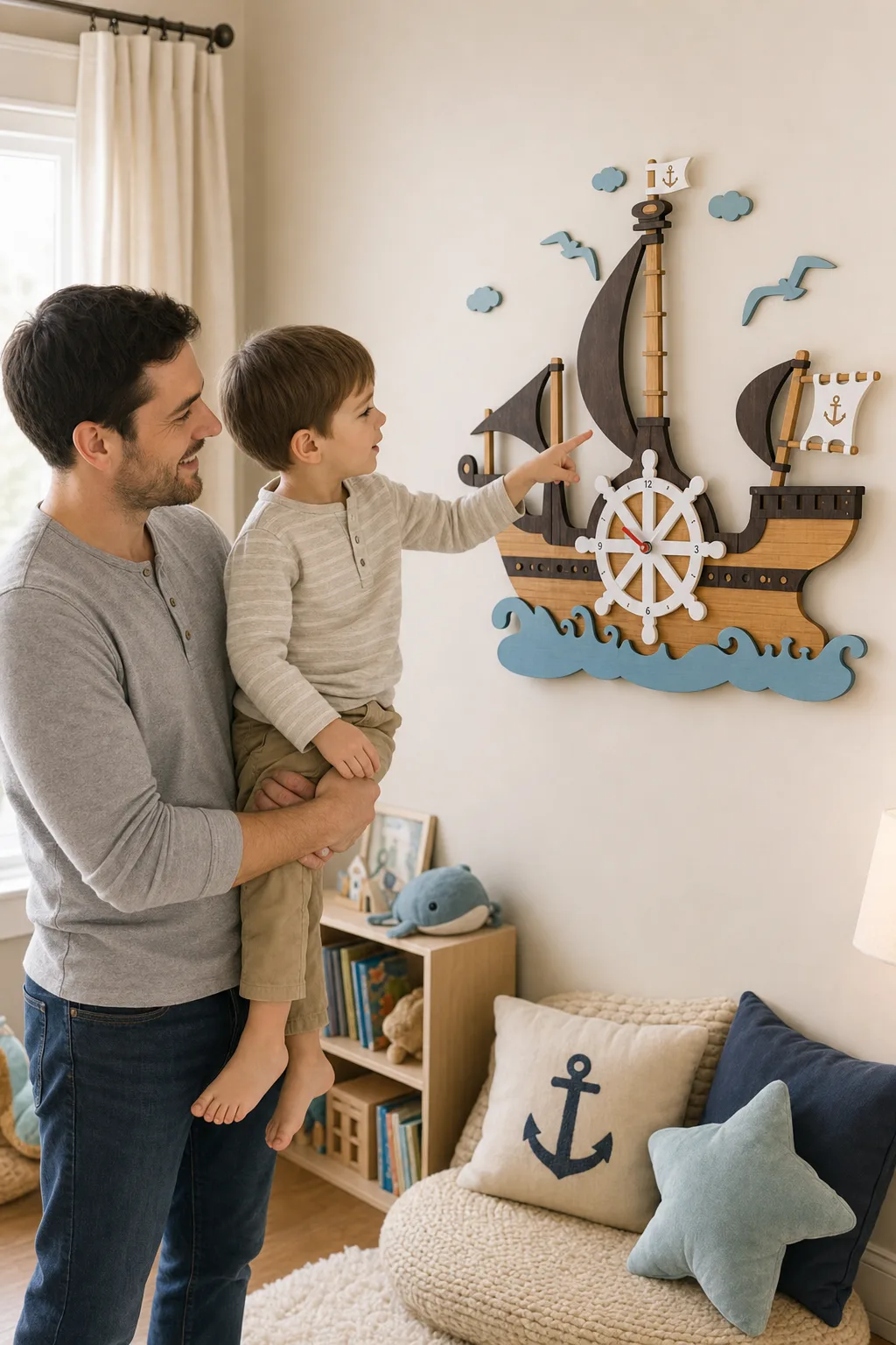 Family Enjoying Nautical Ship Wall Clock in Kids Reading Nook Parent holding a child who points at a nautical wooden ship wall clock in a cozy kids room