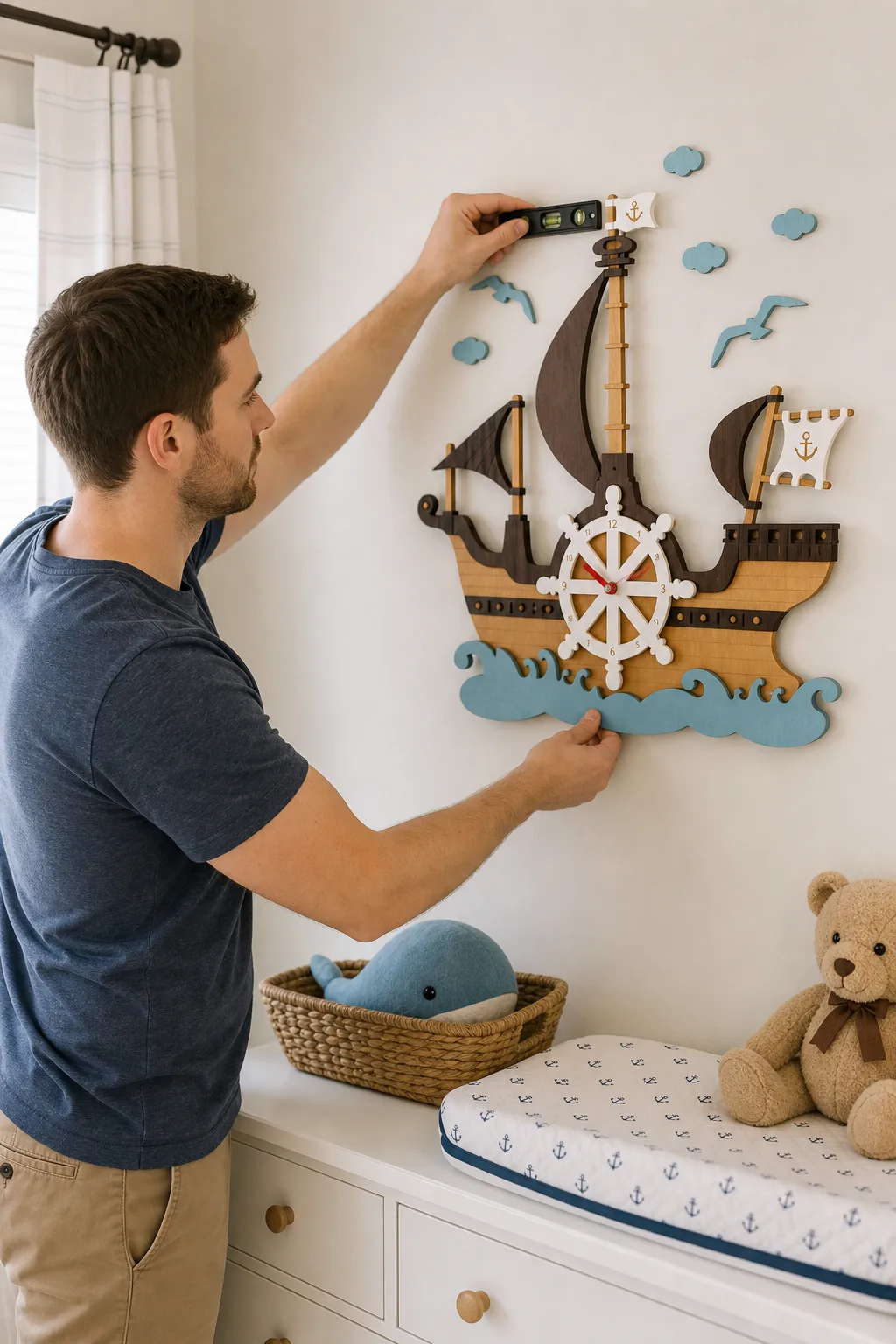 Person Leveling Nautical Wooden Ship Clock on Nursery Wall Person using a level while adjusting a wooden ship wall clock with sails and blue wave trim