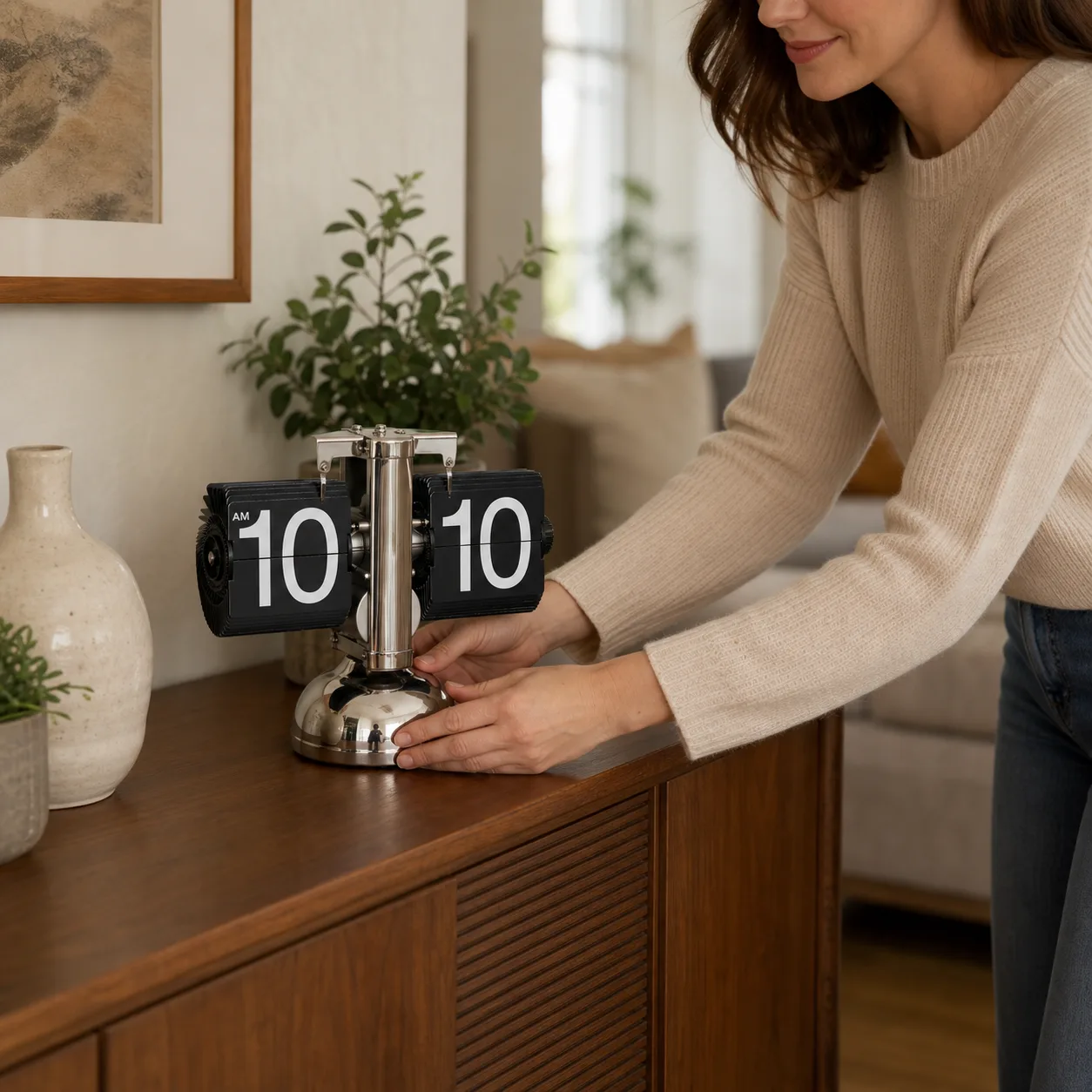 Retro Automatic Flip Desk Clock on a Console Table Retro Automatic Flip Desk Clock on a Console Table