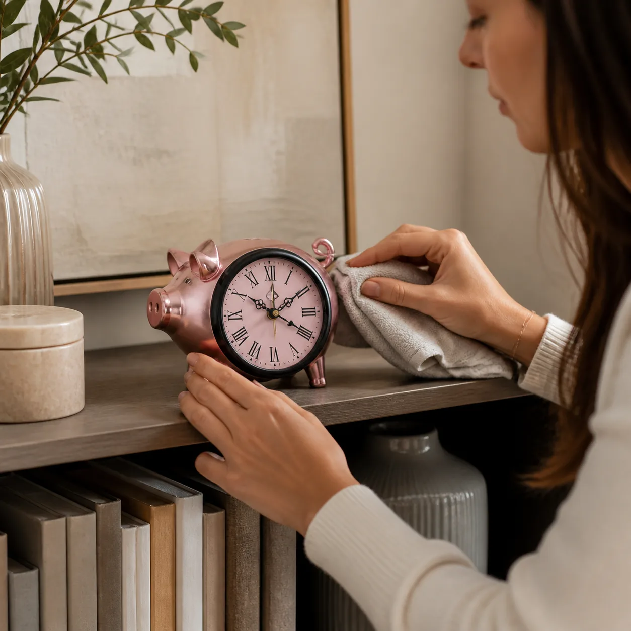 Vintage Metal Pig Desk Clock being dusted on a bookshelf Person cleaning a pink metal pig-shaped desk clock with a cloth on a decorated bookshelf
