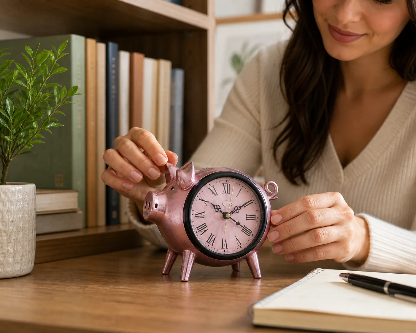 Vintage Metal Pig Desk Clock placed beside books and a plant Vintage Metal Pig Desk Clock placed beside books and a plant