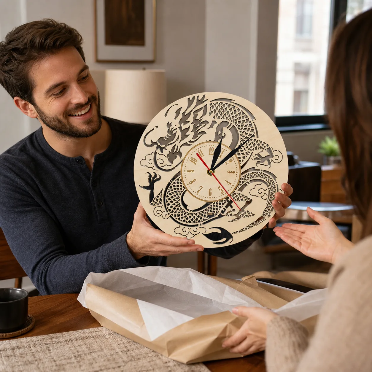 Wooden Dragon Clock as a Decor Gift Person receiving a laser cut wooden dragon wall clock as a thoughtful home decor gift