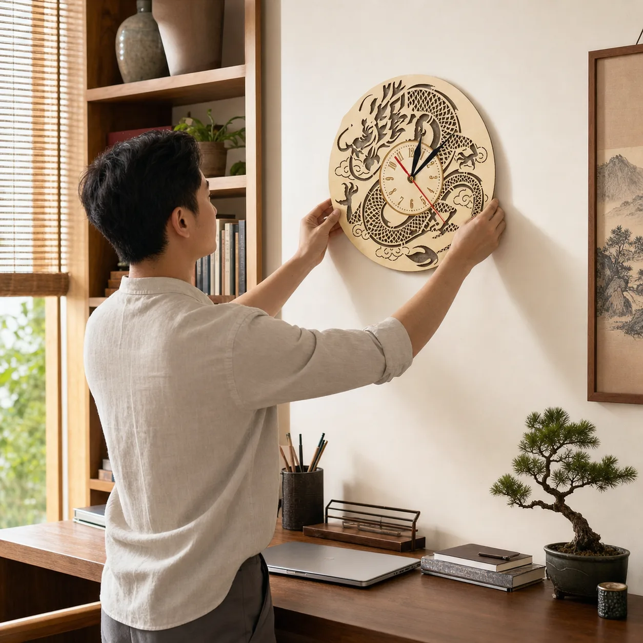 Wooden Dragon Wall Clock in a Home Study Wooden Dragon Wall Clock in a Home Study