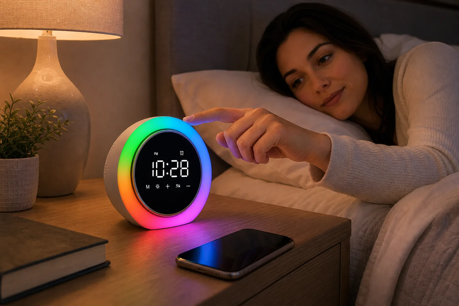 Smart Digital Alarm Clock with RGB Night Light on a Bedroom Nightstand Smart Digital Alarm Clock with RGB Night Light on a Bedroom Nightstand