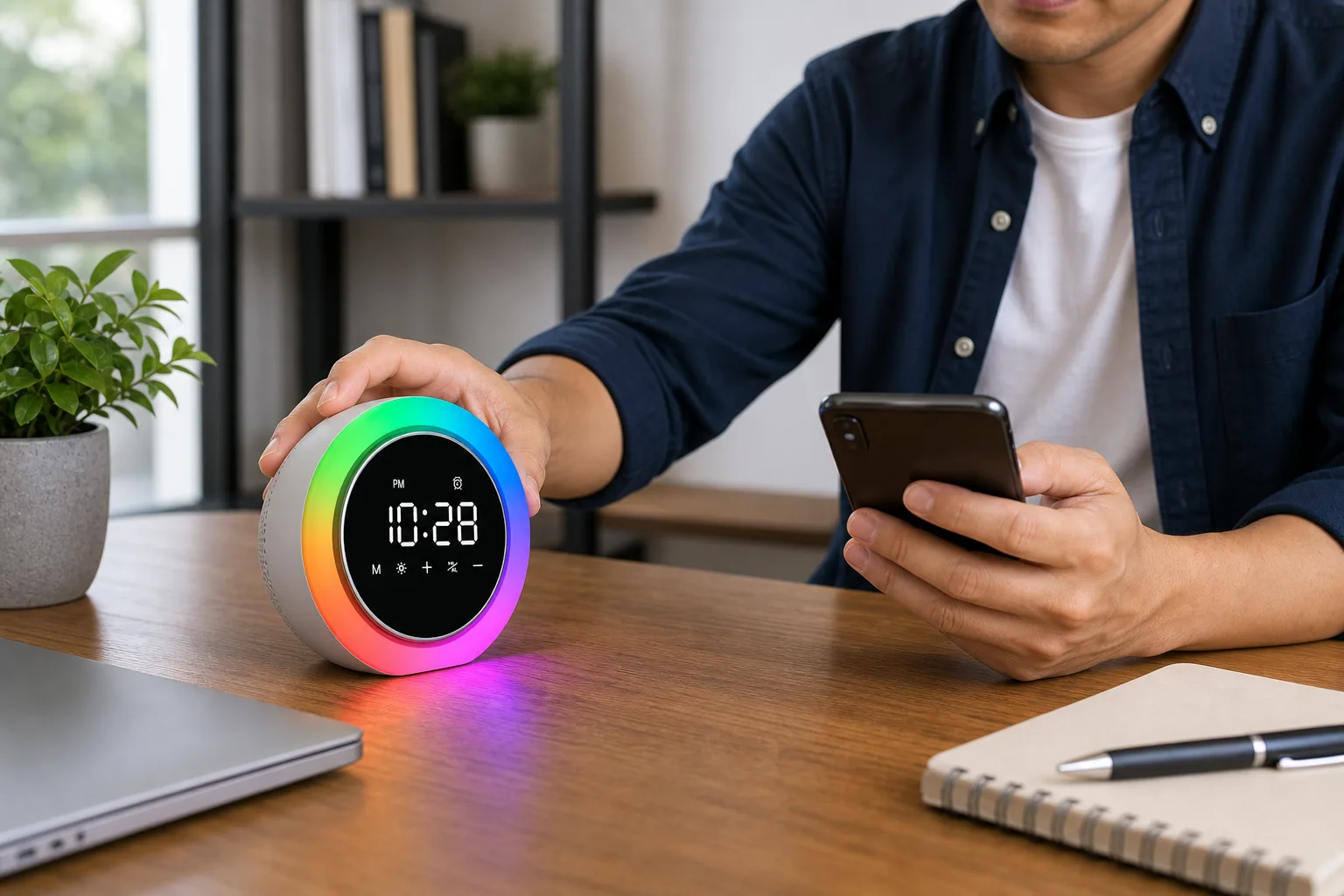 Smart Digital Alarm Clock with Bluetooth Speaker on a Home Office Desk Smart Digital Alarm Clock with Bluetooth Speaker on a Home Office Desk
