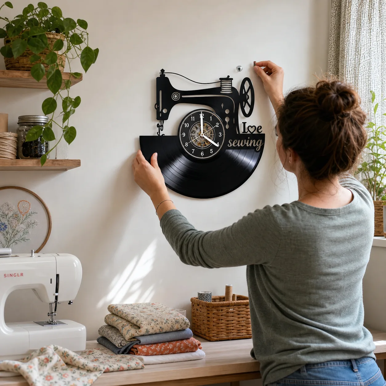 Sewing Machine Vinyl Wall Clock Being Installed Sewing Machine Vinyl Wall Clock Being Installed