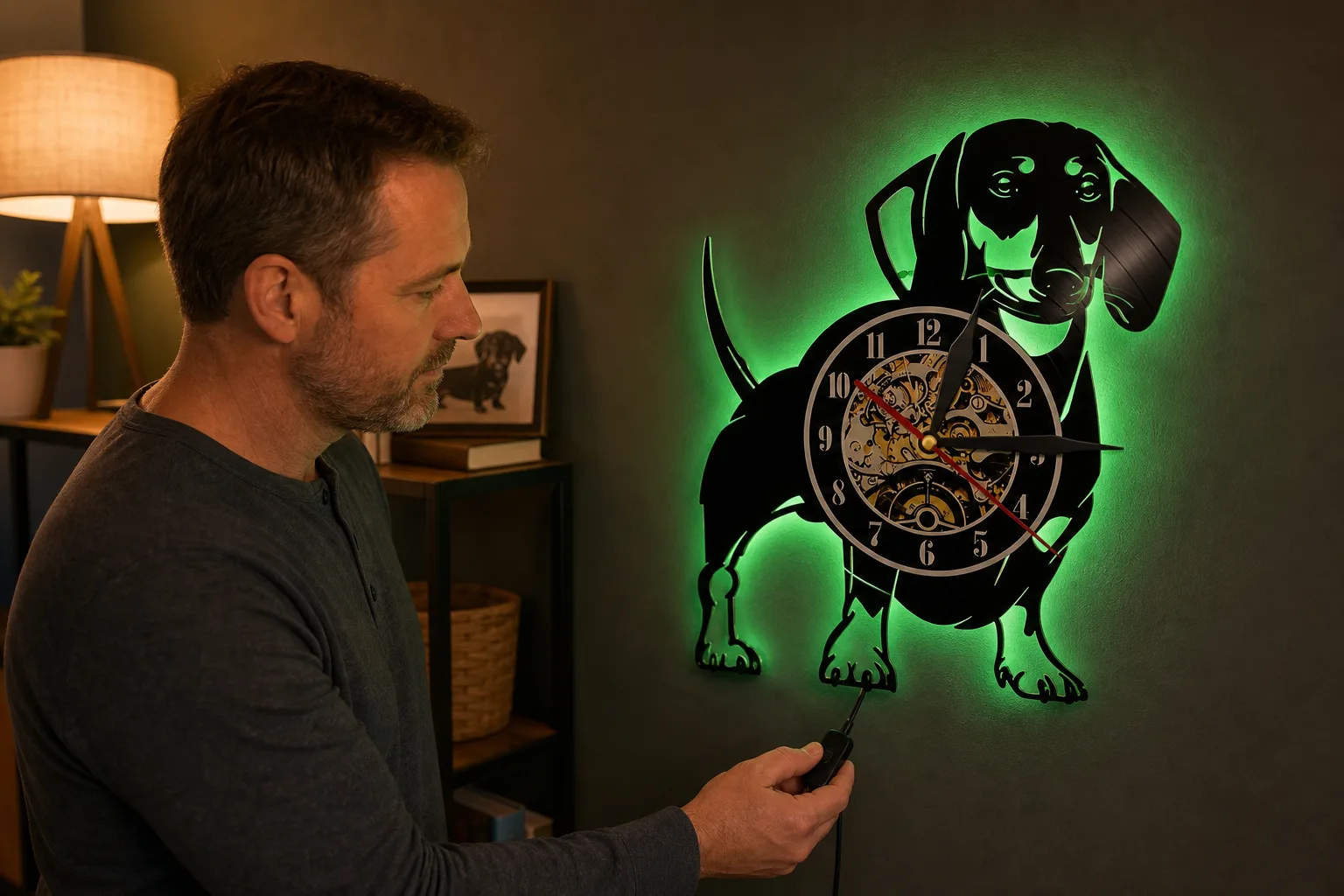 Person Switching On Dachshund Dog LED Backlight Clock Person Switching On Dachshund Dog LED Backlight Clock