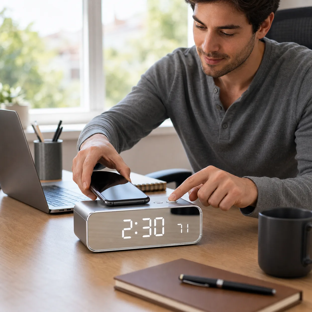 Home office clock and phone charger setup Home office clock and phone charger setup
