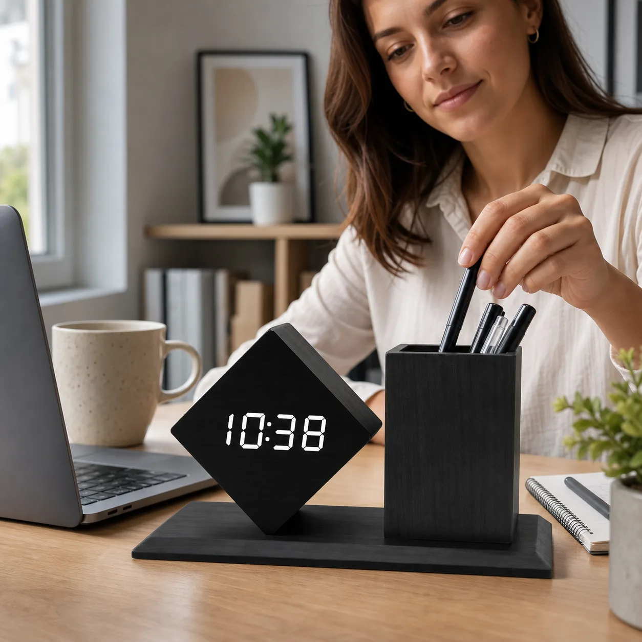 Black wood digital alarm clock pen holder on home office desk Black wood digital alarm clock pen holder on home office desk