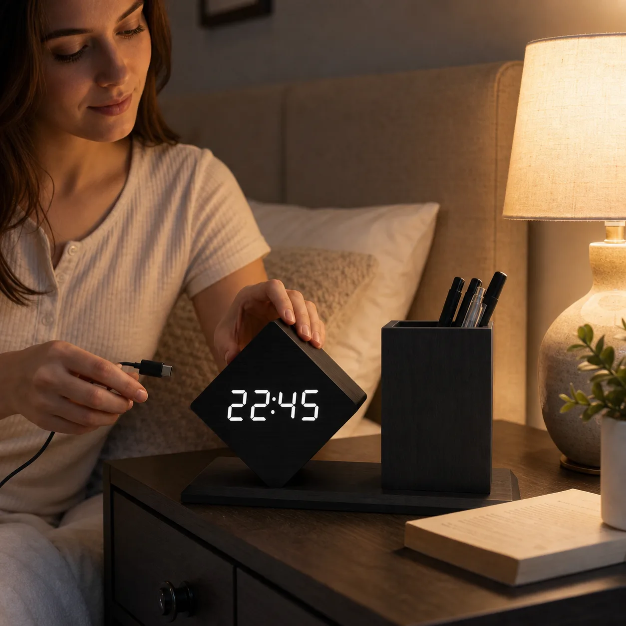 Black wood LED alarm clock organizer on bedside table Black wood LED alarm clock organizer on bedside table