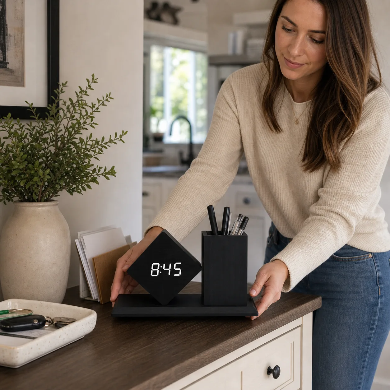 Digital alarm clock pen holder arranged on entry console Digital alarm clock pen holder arranged on entry console