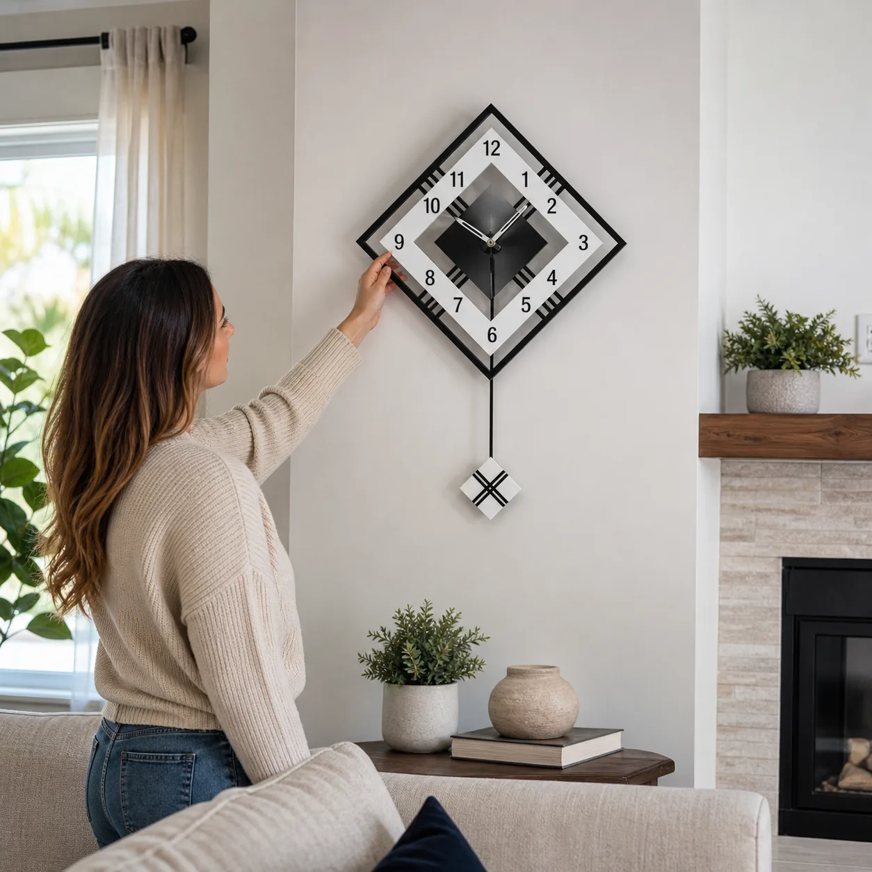 Geometric Diamond Wall Clock with Pendulum in a Modern Living Room Geometric Diamond Wall Clock with Pendulum in a Modern Living Room