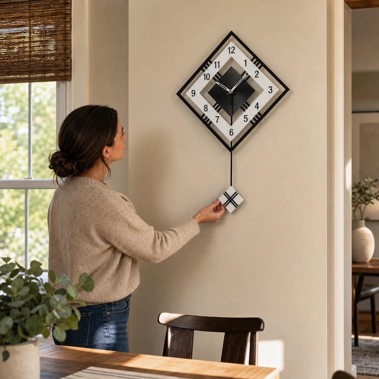 Geometric Diamond Pendulum Clock in a Dining Nook Geometric Diamond Pendulum Clock in a Dining Nook