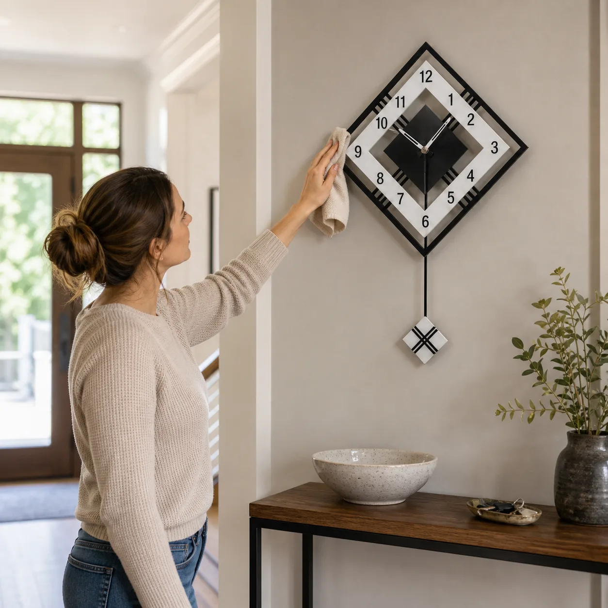 Geometric Diamond Wall Clock Being Dusted in an Entryway Geometric Diamond Wall Clock Being Dusted in an Entryway