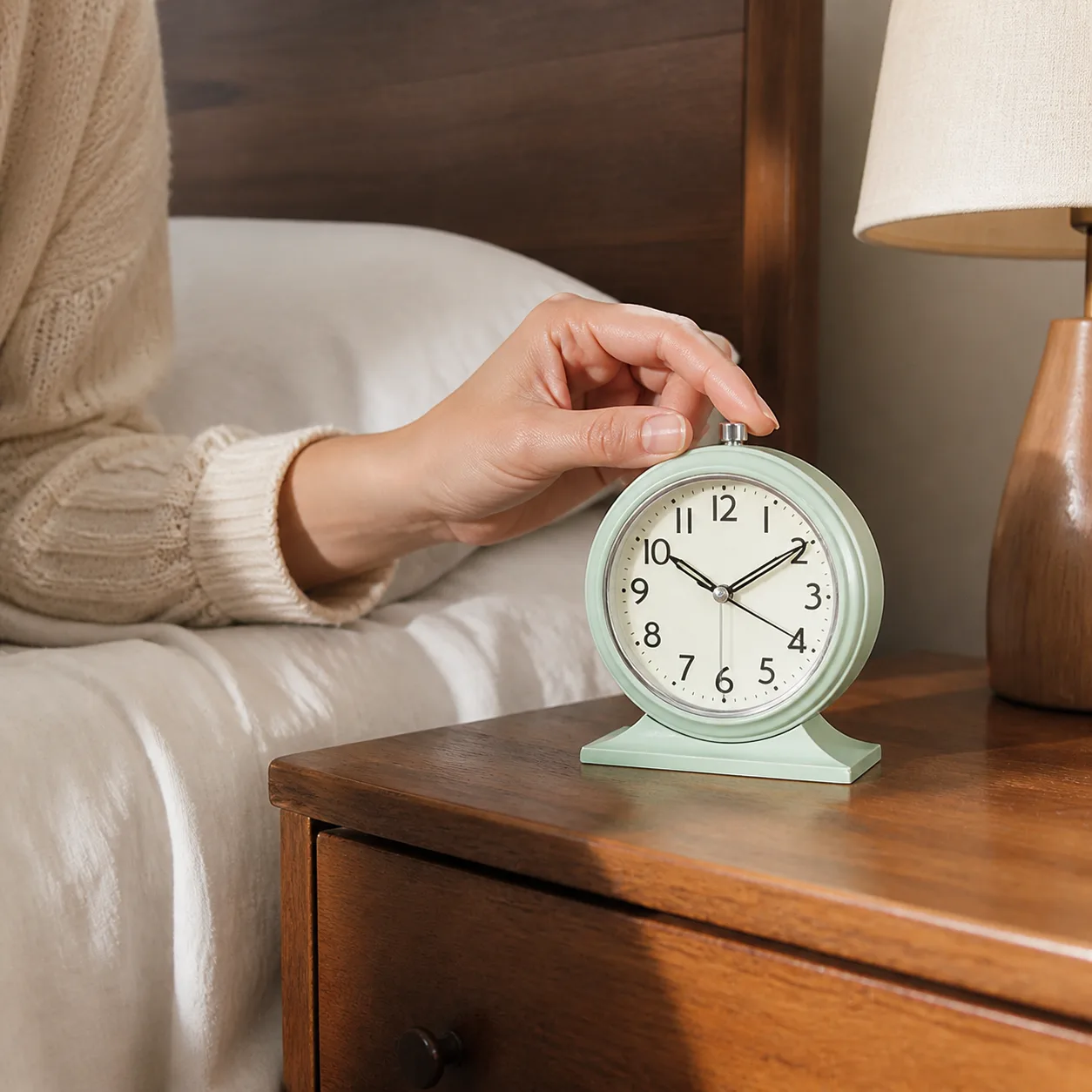 Vintage Silent Analog Desk Alarm Clock on Bedroom Nightstand Vintage Silent Analog Desk Alarm Clock on Bedroom Nightstand