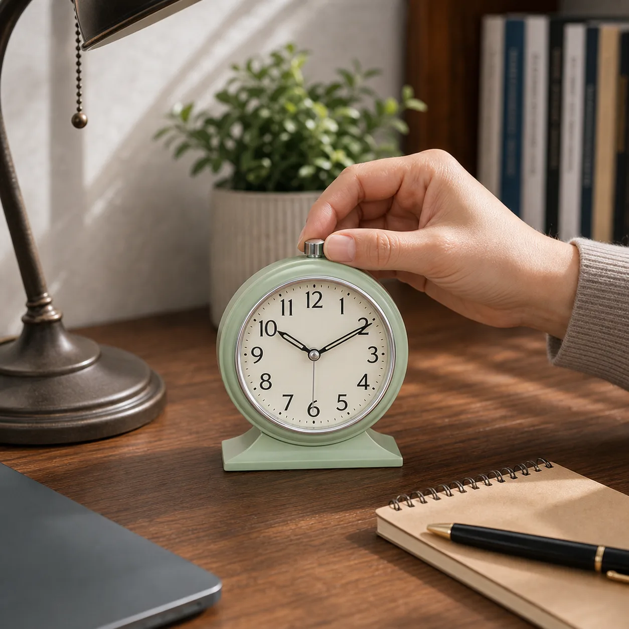 Vintage Silent Analog Desk Alarm Clock on Home Office Desk Vintage Silent Analog Desk Alarm Clock on Home Office Desk
