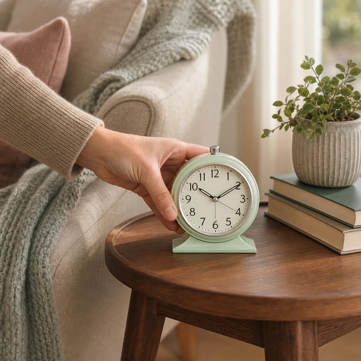 Vintage Silent Analog Desk Alarm Clock on Living Room Side Table Vintage Silent Analog Desk Alarm Clock on Living Room Side Table