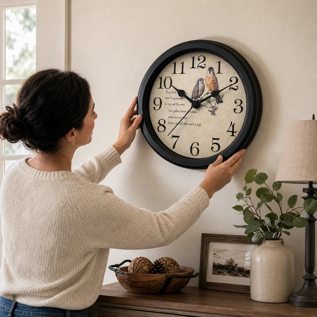 Vintage Bird Wall & Desk Clock being leveled on a living room wall Vintage Bird Wall & Desk Clock being leveled on a living room wall