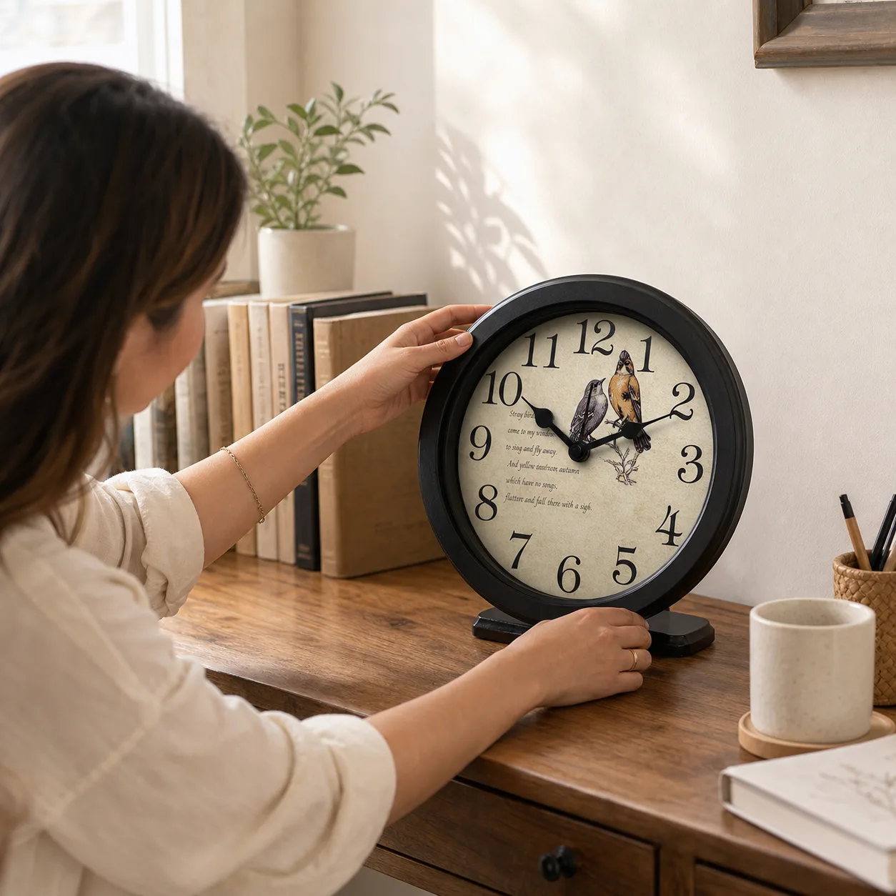 Vintage Bird Wall & Desk Clock adjusted on a wooden desk Person adjusting a vintage bird desk clock on a wooden tabletop with cream dial, large black numerals, black hands, and bird artwork