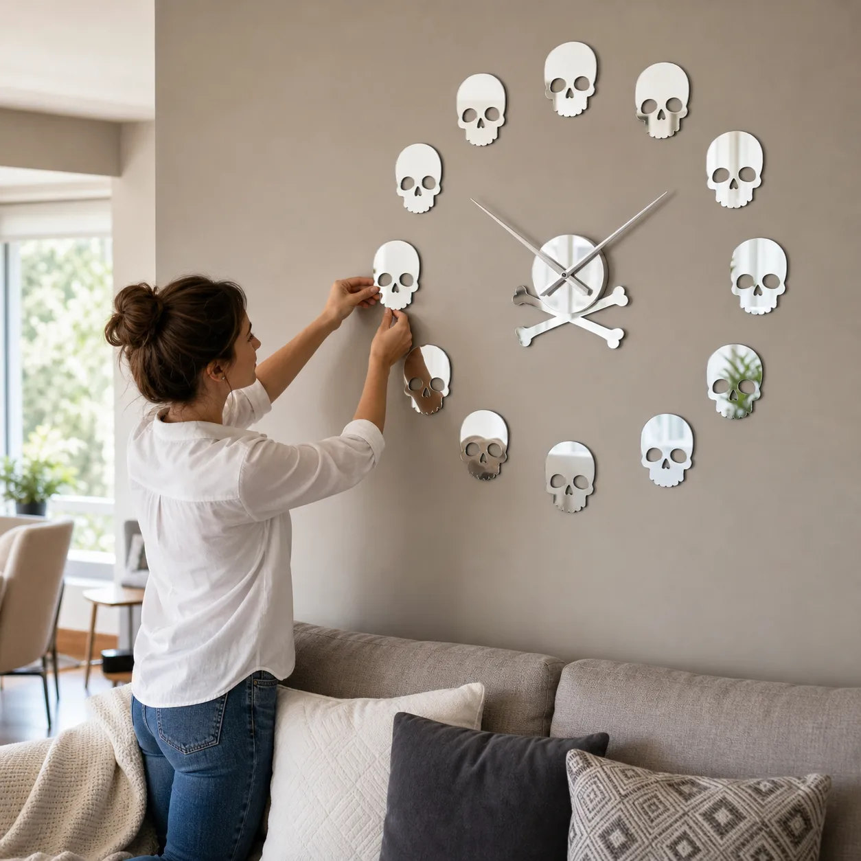 Skull Mirror Wall Clock Installation Above Sofa Skull Mirror Wall Clock Installation Above Sofa