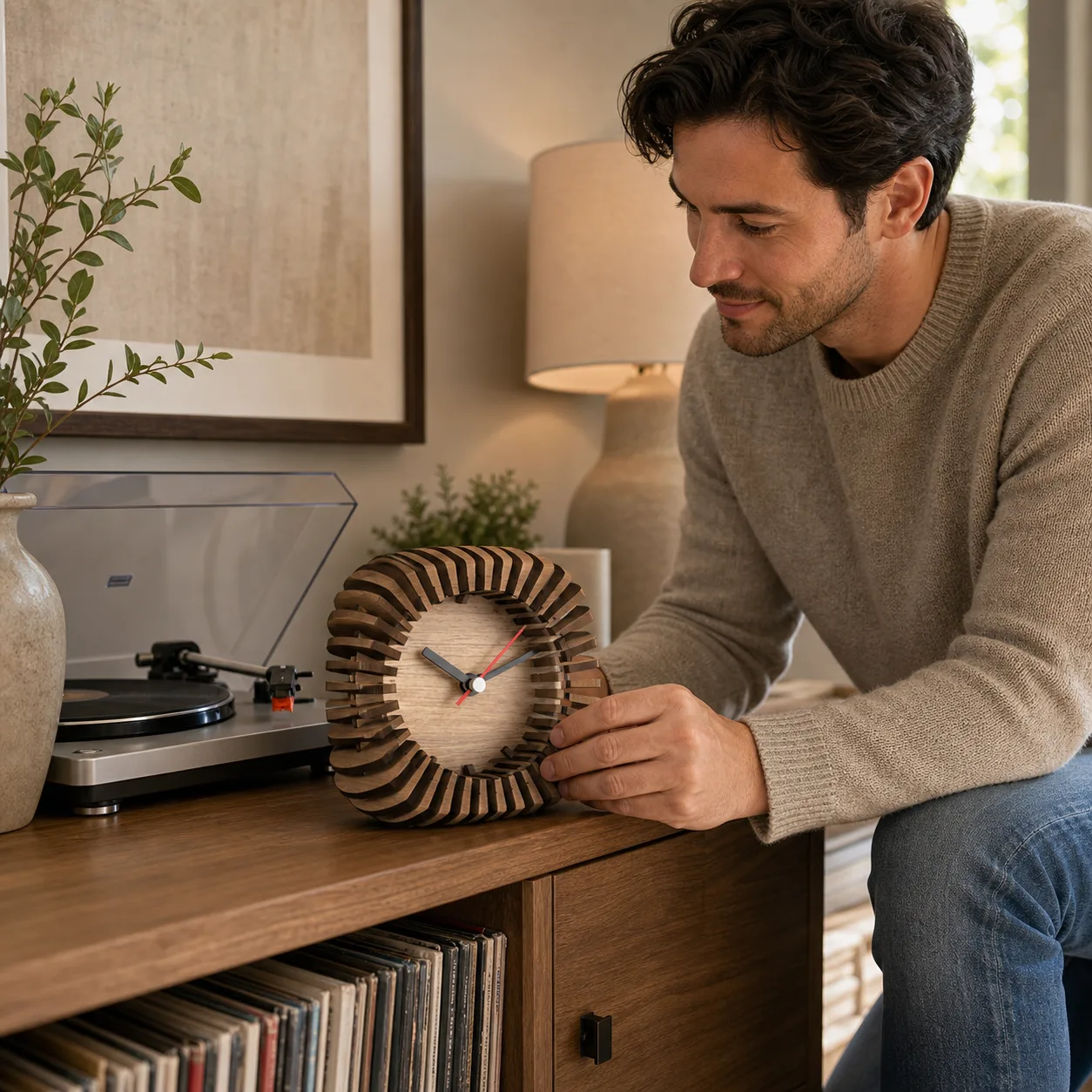 Layered wooden desk clock placed beside a record player Layered wooden desk clock placed beside a record player