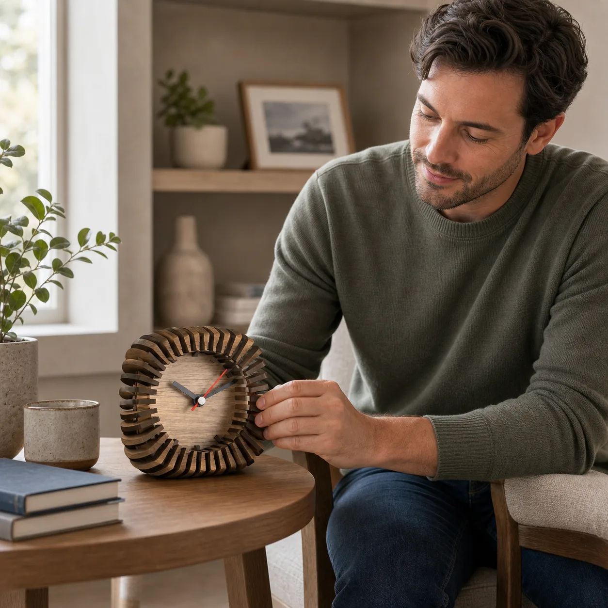Modern wooden desk clock adjusted on a side table Modern wooden desk clock adjusted on a side table