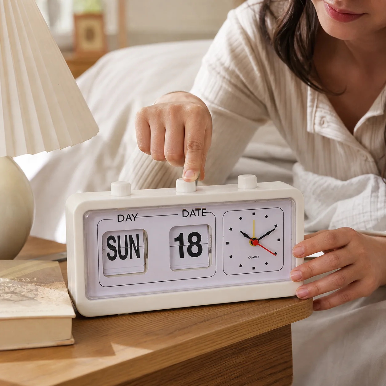 Retro Flip Calendar Desk Clock | Day, Date & Analog Quartz Alarm Clock - Bedside Adjustment Retro Flip Calendar Desk Clock | Day, Date & Analog Quartz Alarm Clock - Bedside Adjustment