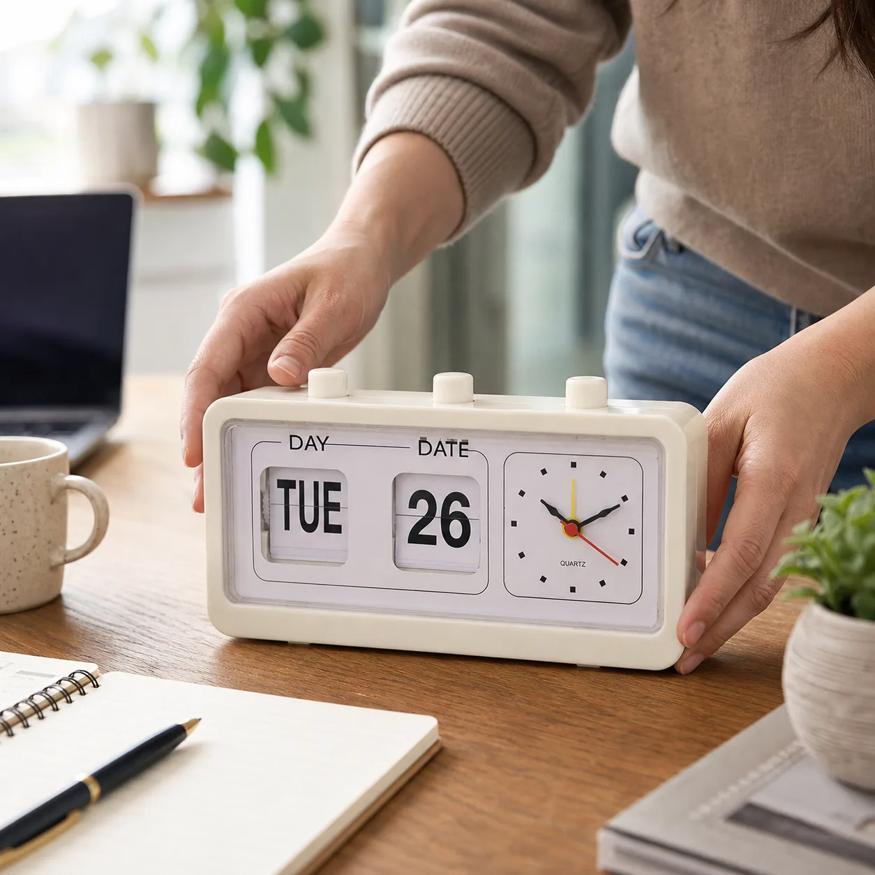 Retro Flip Calendar Desk Clock | Day, Date & Analog Quartz Alarm Clock - Desk Placement Retro Flip Calendar Desk Clock | Day, Date & Analog Quartz Alarm Clock - Desk Placement