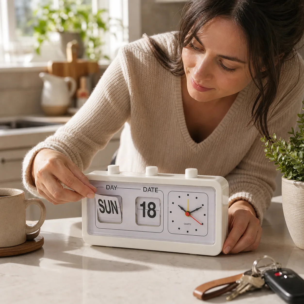 Retro Flip Calendar Desk Clock | Day, Date & Analog Quartz Alarm Clock - Calendar Check Retro Flip Calendar Desk Clock | Day, Date & Analog Quartz Alarm Clock - Calendar Check