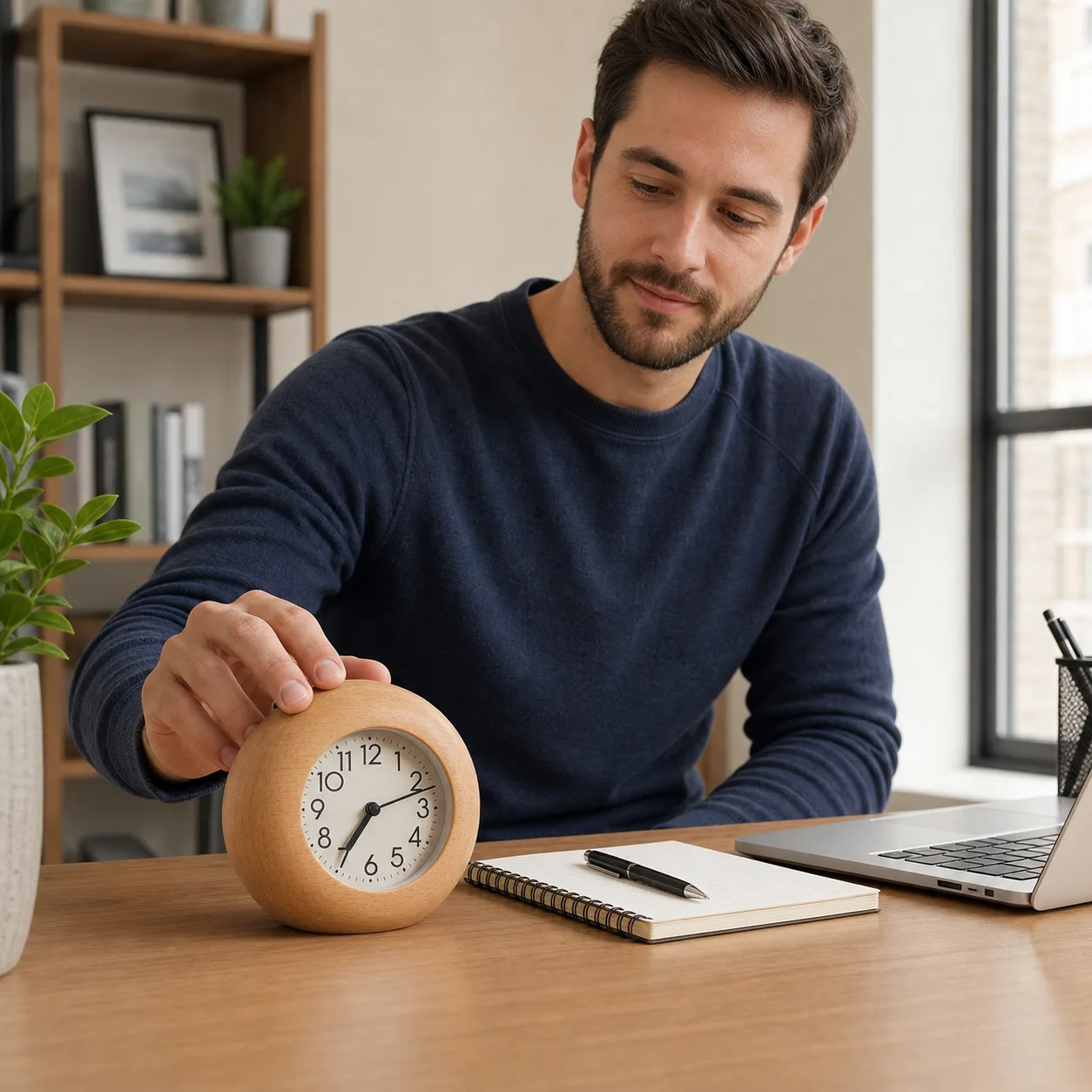 Silent Wooden Desk Clock in Home Office Silent Wooden Desk Clock in Home Office