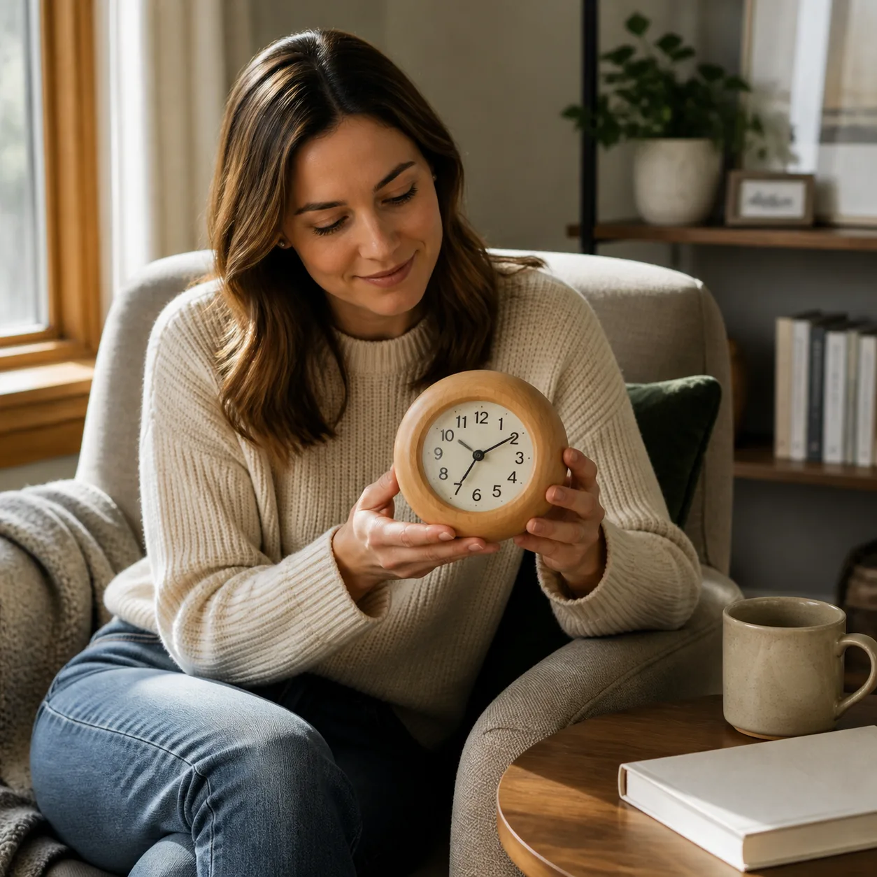 Round Wooden Table Clock in Reading Nook Round Wooden Table Clock in Reading Nook