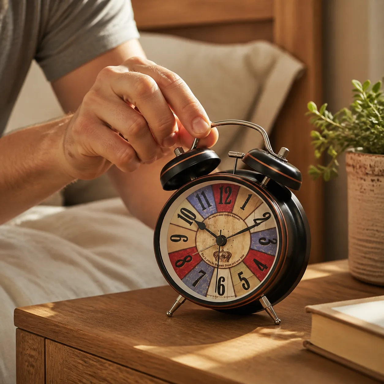 Adjusting vintage twin bell alarm clock on nightstand Adjusting vintage twin bell alarm clock on nightstand