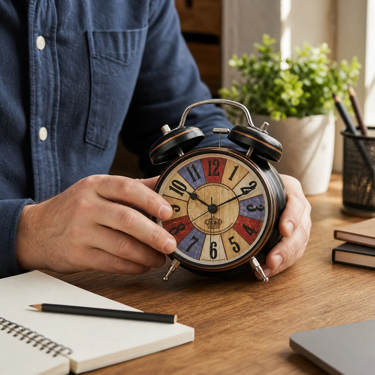 Repositioning vintage twin bell alarm clock on desk Repositioning vintage twin bell alarm clock on desk