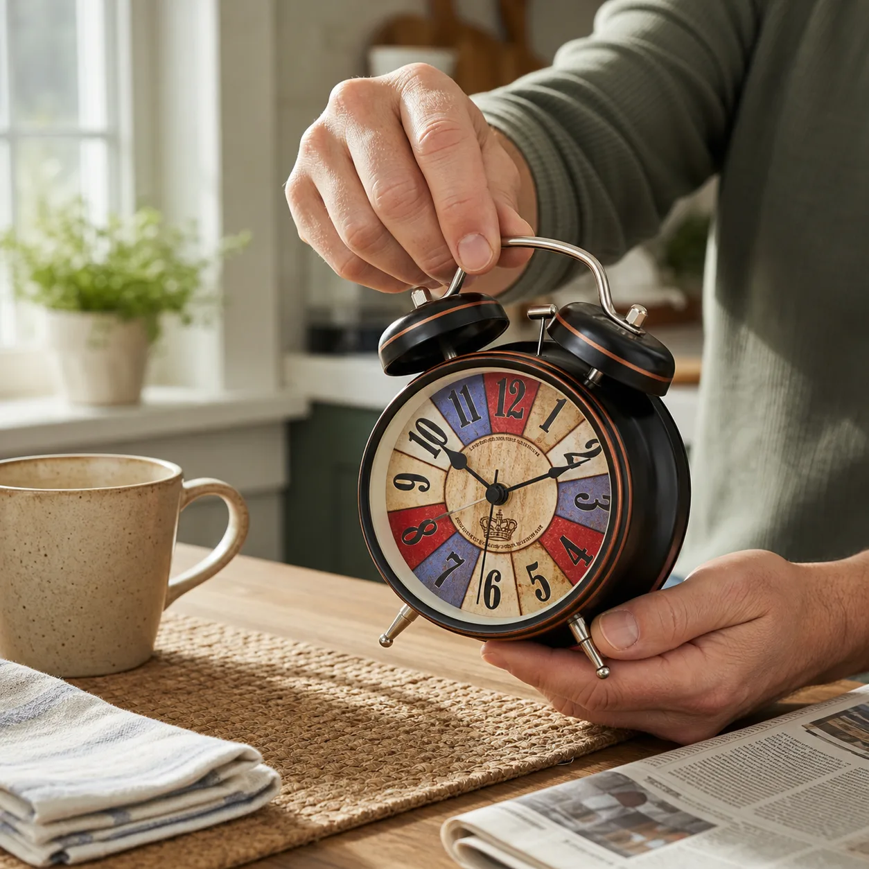 Lifting vintage twin bell alarm clock by handle Lifting vintage twin bell alarm clock by handle
